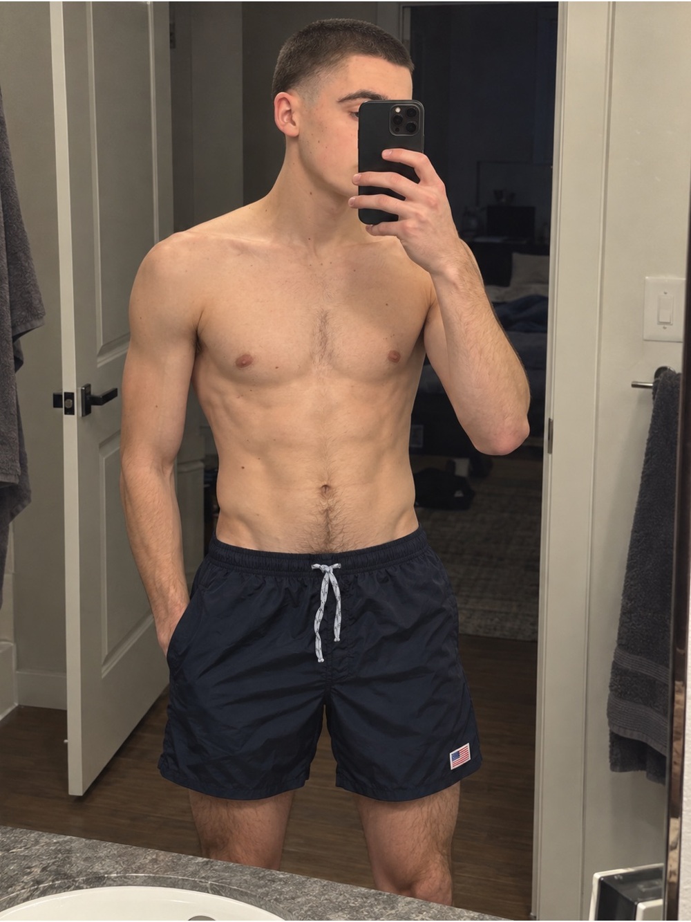 Men's Black Swim Trunks with Drawstring and Flag Patch